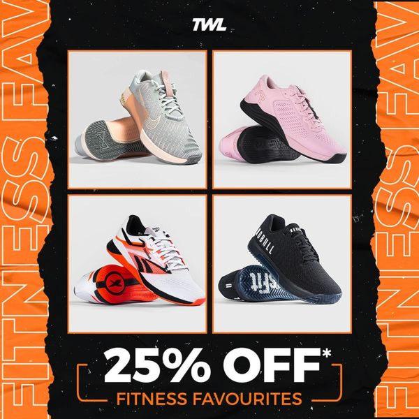 athletic shoes, running shoes, sneakers, fitness shoes, training shoes, sports shoes, workout shoes, sale promotion, modern typography, energetic, bold, orange, black